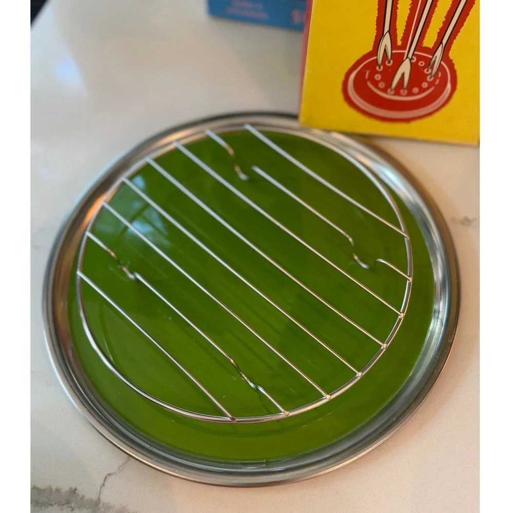 Vintage 1970s Fred Roberts Co Avocado Green Enamel Fondue Set & Fork Set Japan